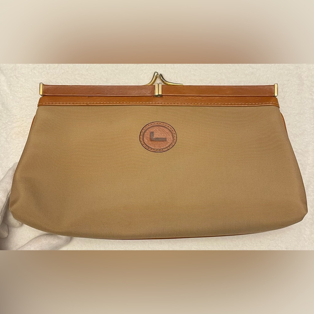 Lancel Authentic Vintage Elegant Tan Canvas Clutch w/ Leather Trim and Interior